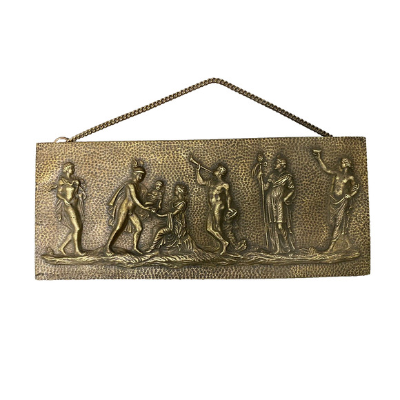 Antique Brass Embossed Greco-Roman Figural Scene Wall Hanging 11.75' x 4.75'' - Picture 1 of 5